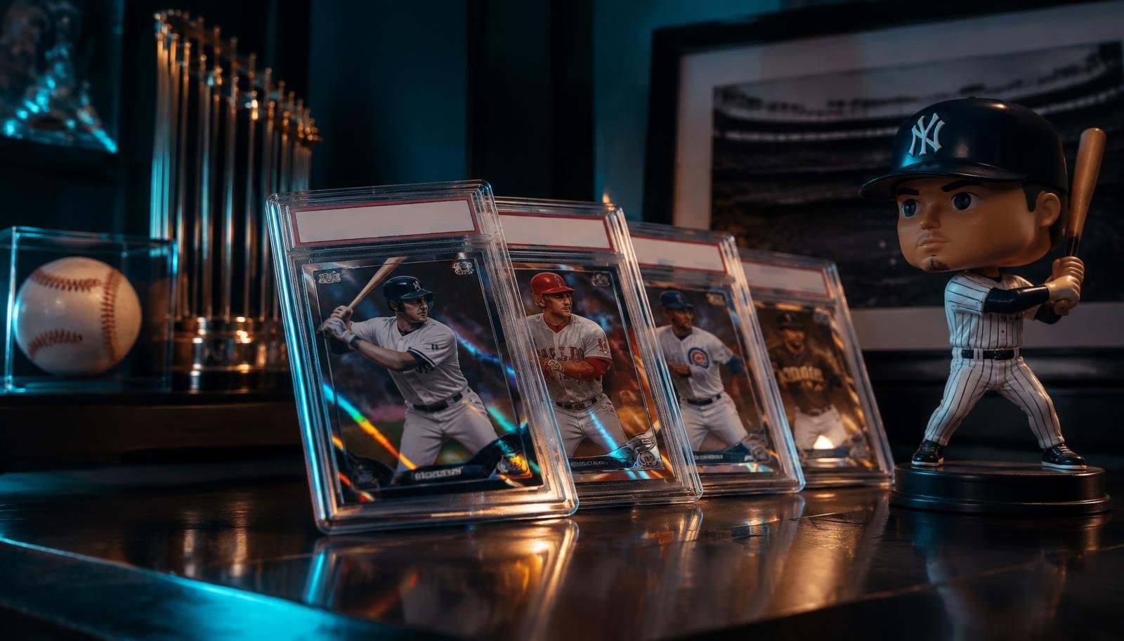 Graded collectible baseball cards and a Yankees bobblehead